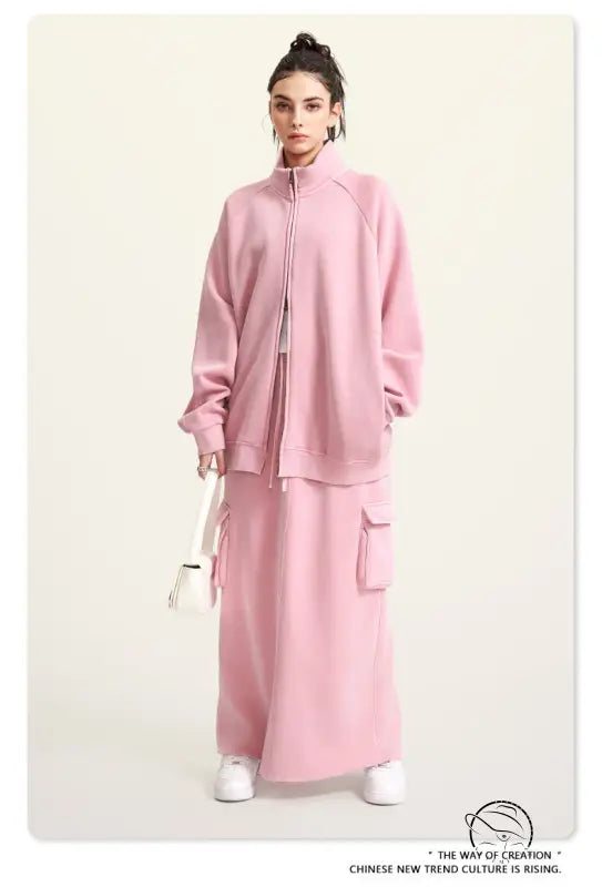 Pink fleece winter heavy retro jacket with matching maxi skirt