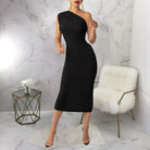 Enchanting Langry one-shoulder midi dress with draped neckline
