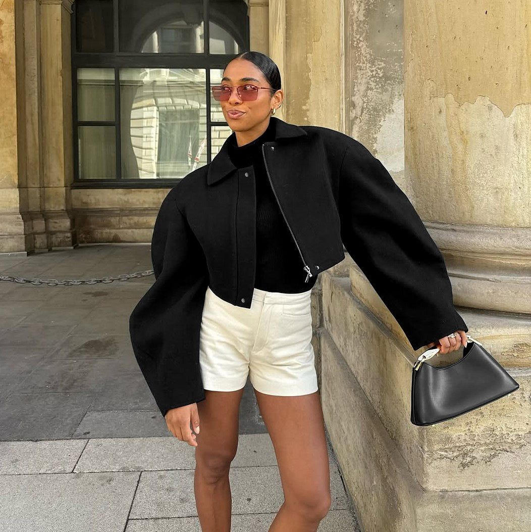 Langry fashion black cropped woolen jacket with oversized sleeves and zipper details