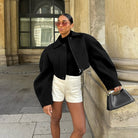 Langry fashion black cropped woolen jacket with oversized sleeves and zipper details