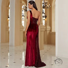 Elegant long sequined burgundy velvet one-shoulder gown with train