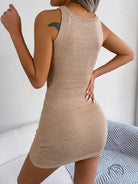 Tan knit mini dress with casual waist trimming knitted hip design