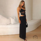 Elegant Mesh Dress: black cutout maxi with mesh panels in langry fashion