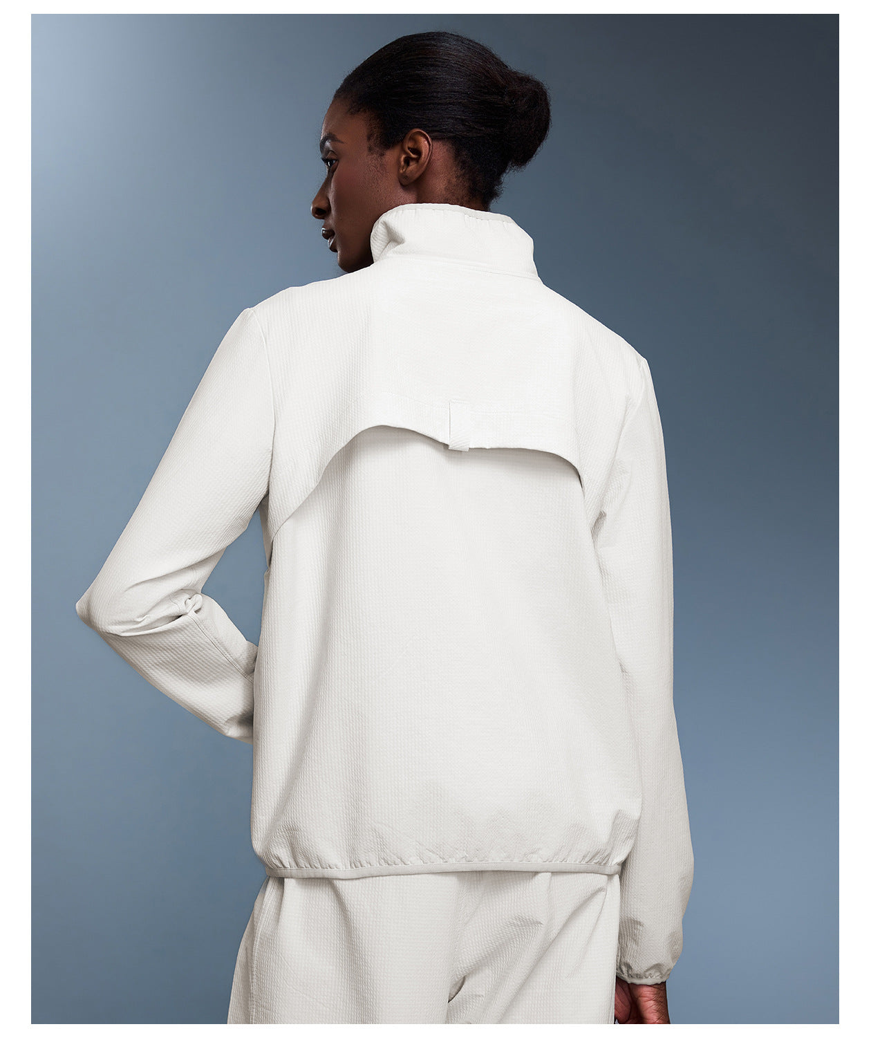 Langry outdoor lightweight waterproof white zip-up jacket with high collar