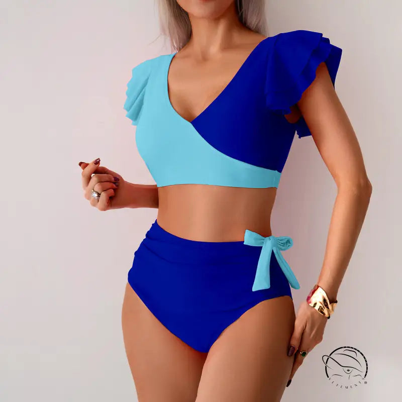 Stunning high waist bikini in two-tone blue