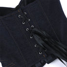 Langry fashion black denim corset with lacing, ruffled hem, steel ring cups