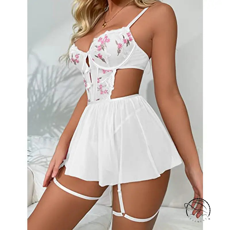 Cute Embroidered Suspender Lingerie Set