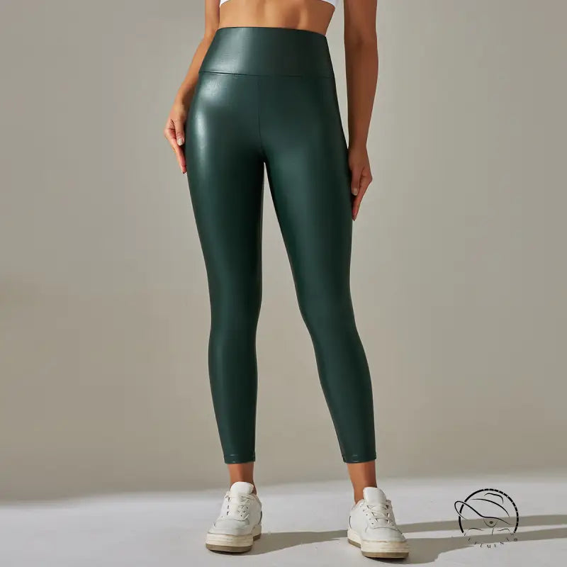 High waist faux leather leggings in green shiny texture