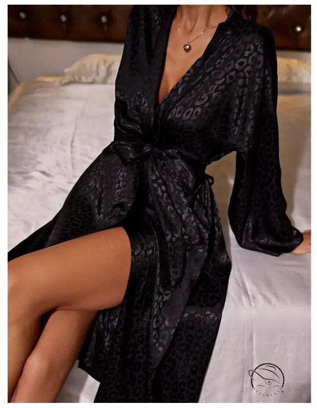 Black floral lace long sleeve robe with tie waist and deep V-neck