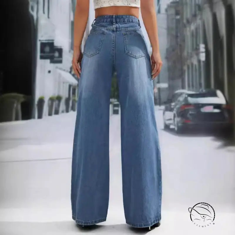 Light blue wide leg denim fashionable figure flattering jeans