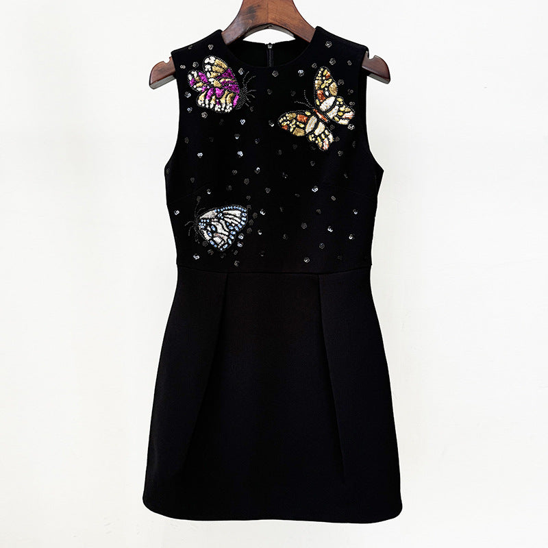 Sleeveless black Elegant Diamond Butterfly Slim Vest Dress, perfect for trendy fashion ملابس