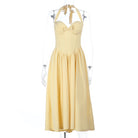 Langry fashion yellow halter bow waist A-line evening maxi dress with sweetheart neckline and pleated skirt