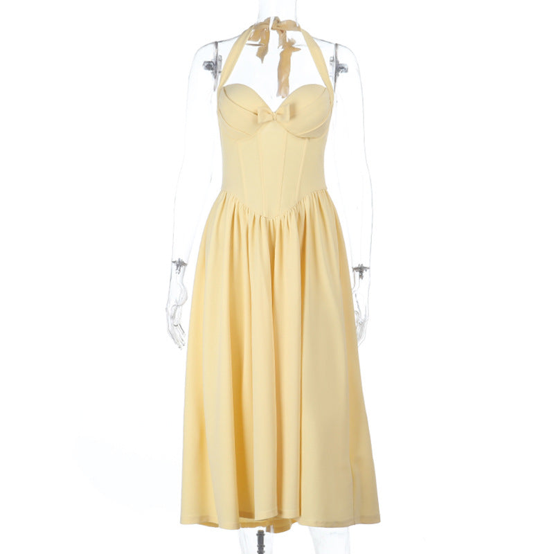 Langry fashion yellow halter bow waist A-line evening maxi dress with sweetheart neckline and pleated skirt