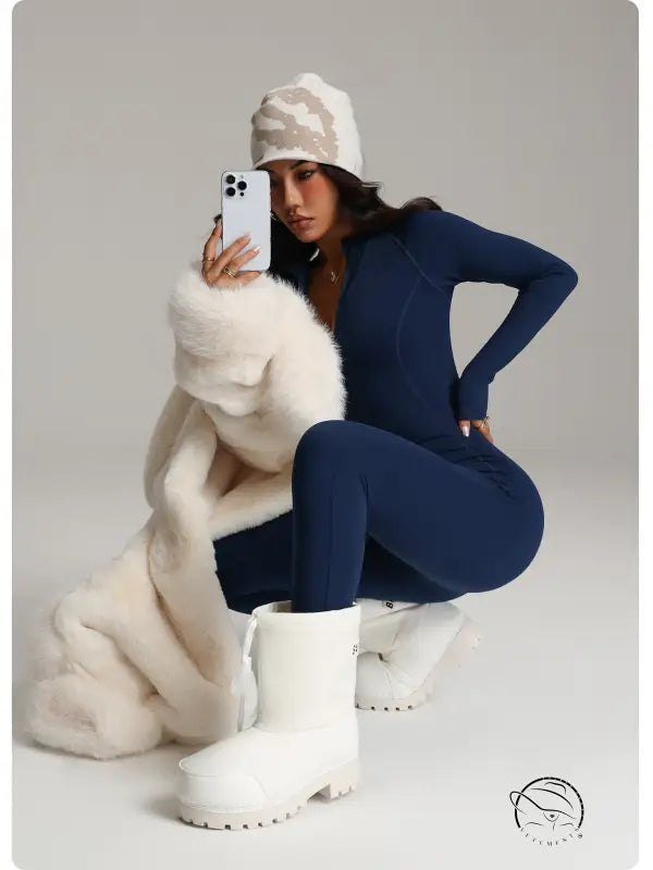 White faux fur teddy bear with phone, Langry fashion ملابس accessory