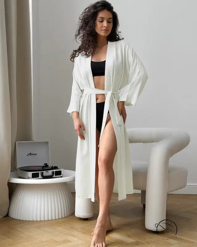 Elegant langry fashion white silk robe with belted waist and side slit