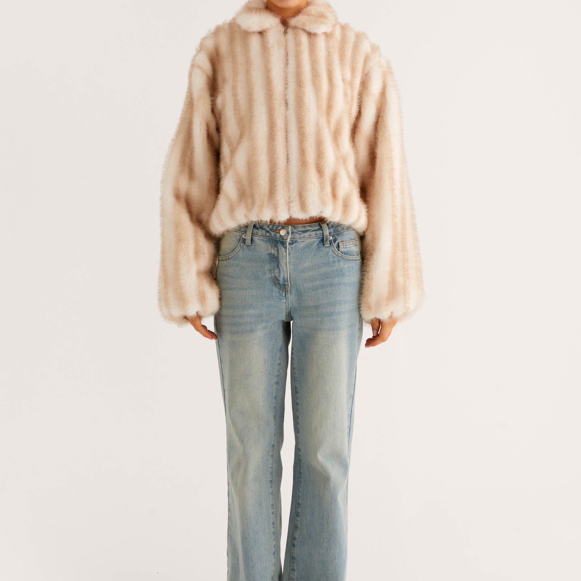 Beige faux fur cropped jacket with hood, striped pattern, Langry fashion