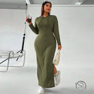 Olive green ribbed hooded winter sheath maxi dress