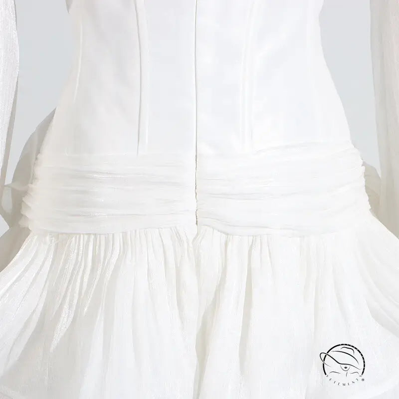 Langry fashion white cotton ruffled short dress with hem and back zipper