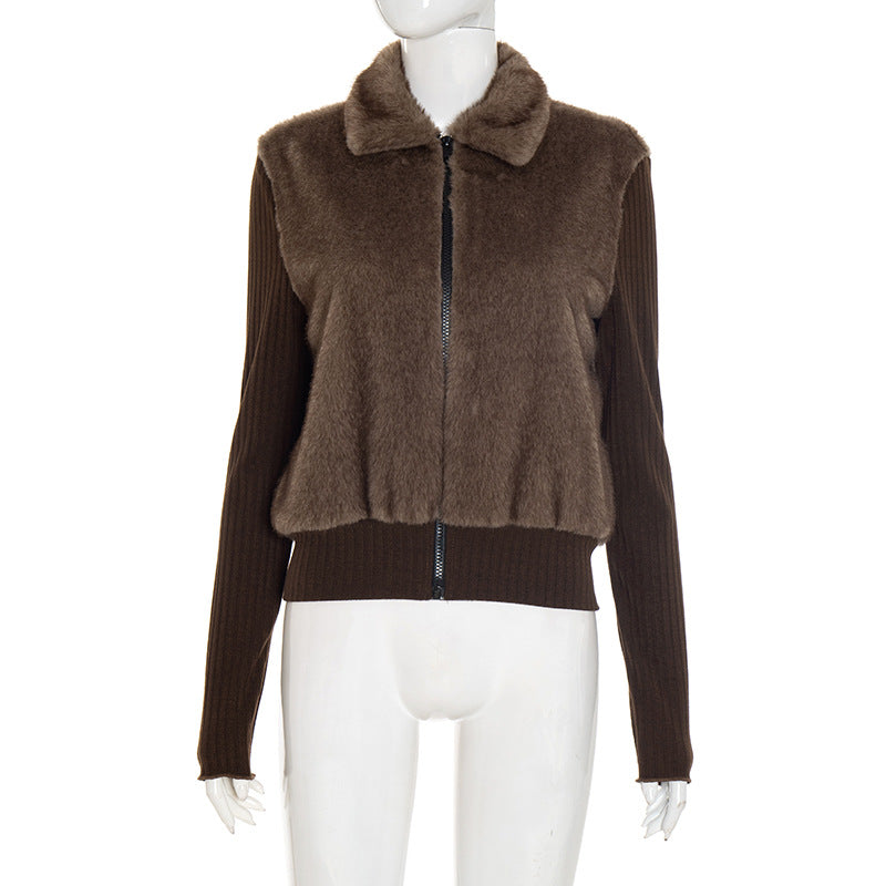 Langry fashion brown faux fur zip-up thermal coat with ribbed collar