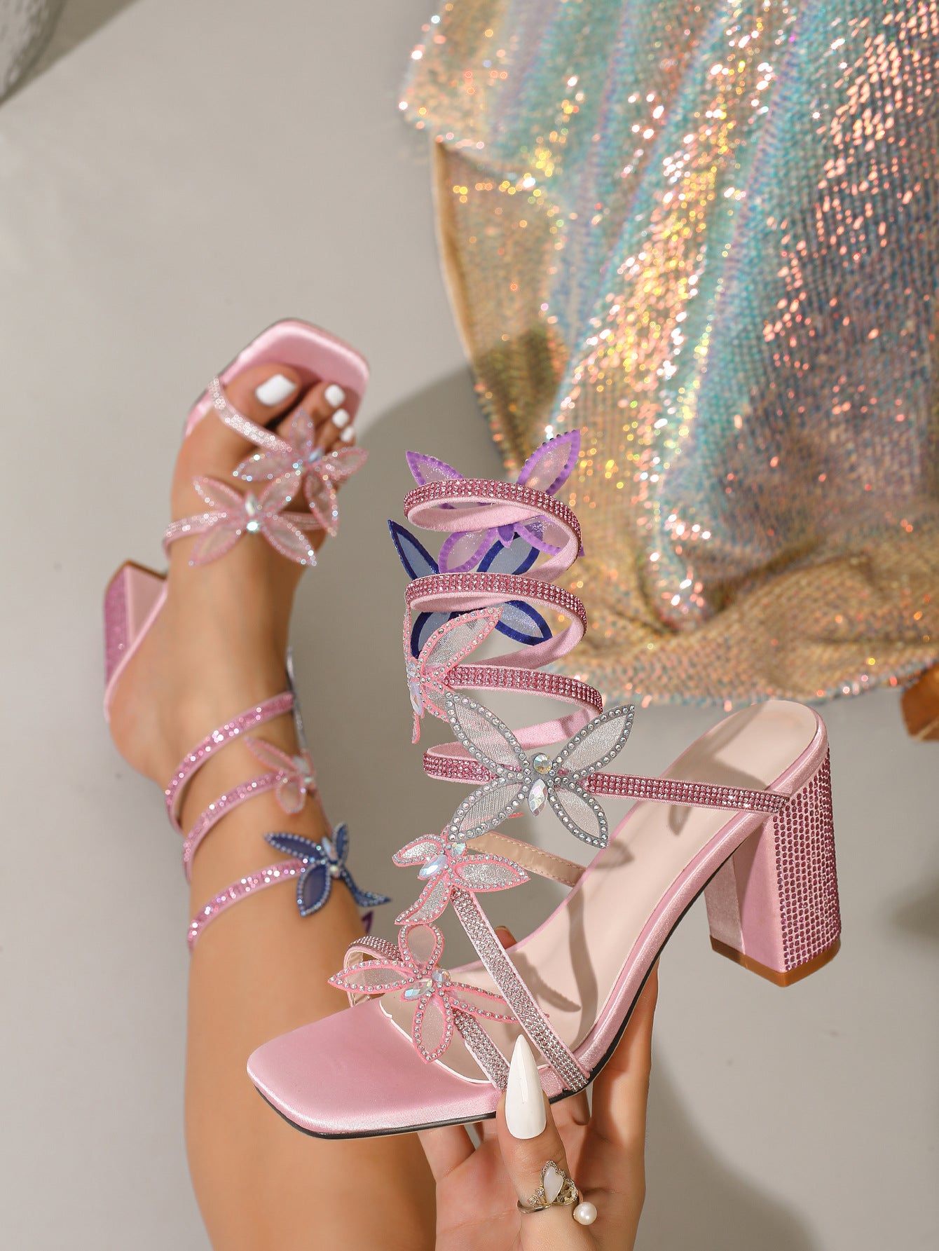 Langry fashion pink glittery rhinestone bow stiletto heels with floral crystal accents