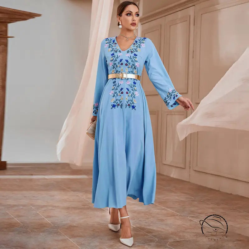 Light blue embroidered slim dress with belt, floral langry fashion ملابس
