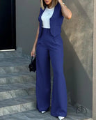 Elegant vest jacket wide leg pants set in blue with wide legs