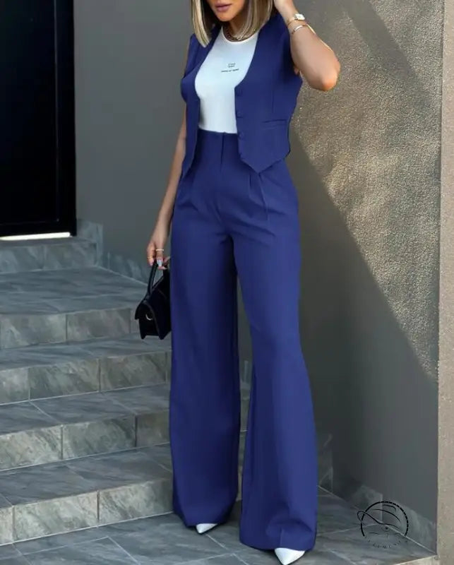 Elegant vest jacket wide leg pants set in blue with wide legs