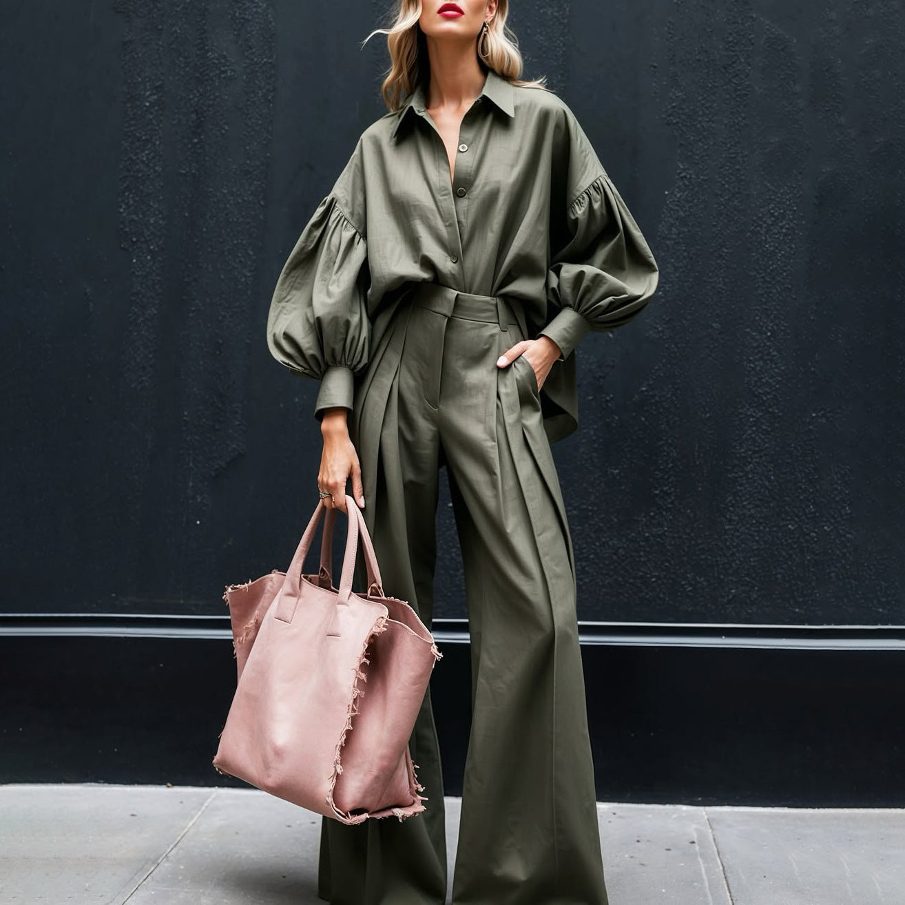 Elegant Long Sleeved Shirt Wide Leg Pants Cotton Linen Two Piece Sets