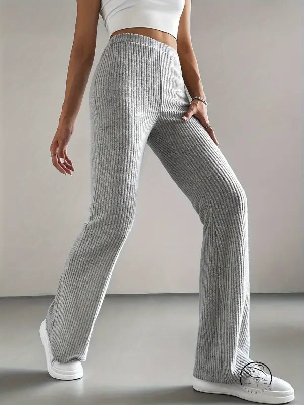 Light grey ribbed knit flare casual knitted match pants by Langry