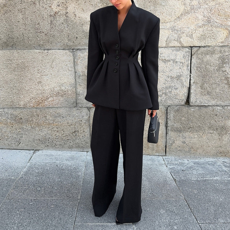 High Grade Pleated Waist Tight Blazer Trousers Two Piece Set