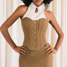 Elegant beige and white langry fashion halter neck dress with button detail