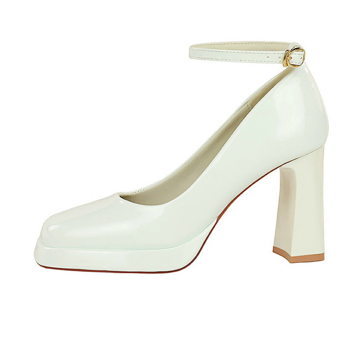 Leather Square Toe Ankle Strap High Heels