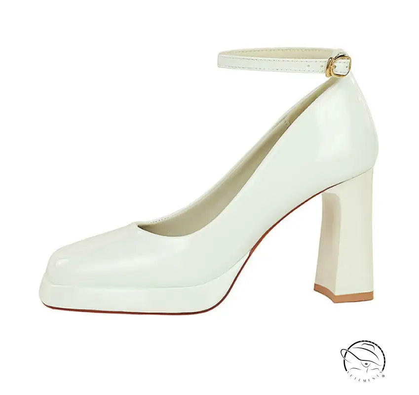 Leather Square Toe Ankle Strap High Heels