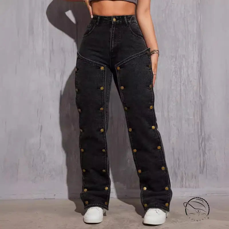 Black denim hip hop cargo pants with gold buttons and detachable stitching