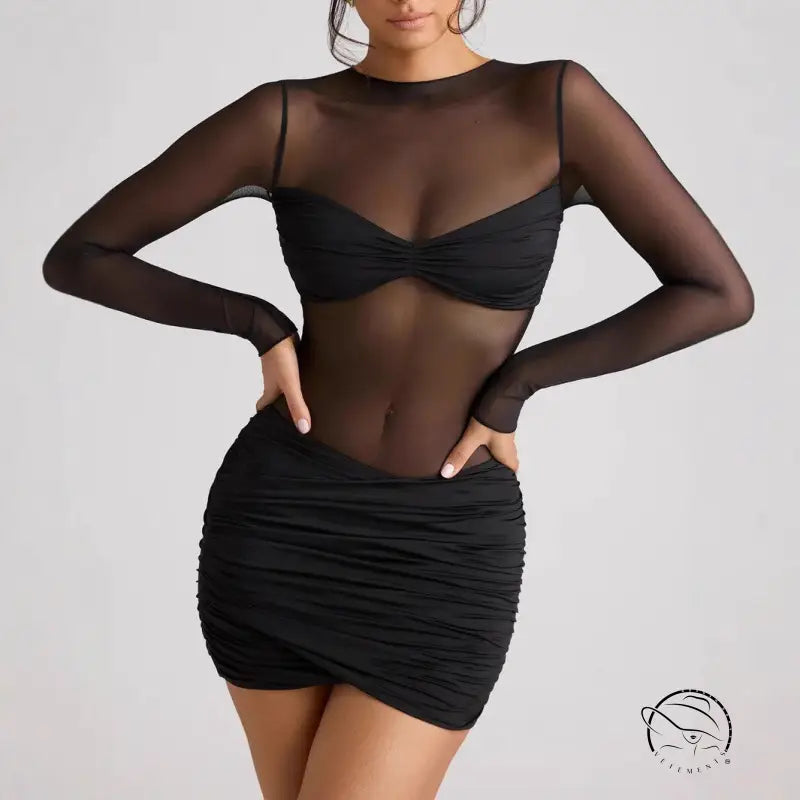 Black long sleeve mesh dress, elegant mini style