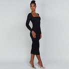 Elegant Evening Midi Dress, a long-sleeved black stylish dress for evening fashion ملابس