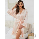 Light pink satin long sleeve robe with ruffled trim