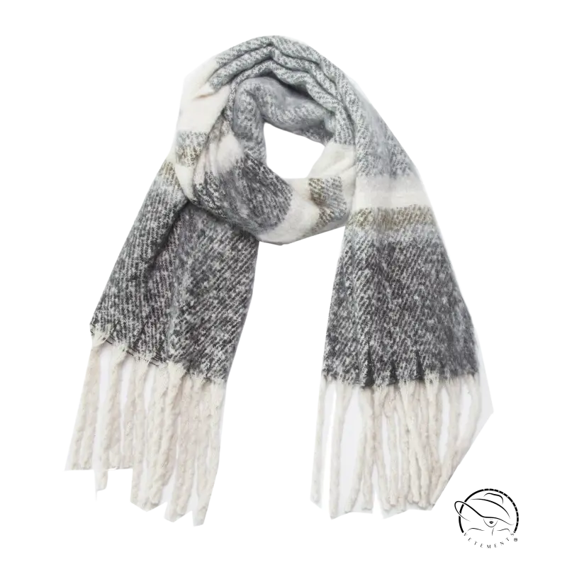Cozy gray and white plaid warm wool scarf with fluffy fringe
