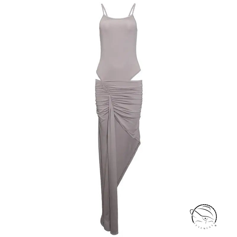 Sleek taupe maxi dress with ruched high-waisted skirt and thin strap tank