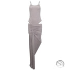 Sleek taupe maxi dress with ruched high-waisted skirt and thin strap tank