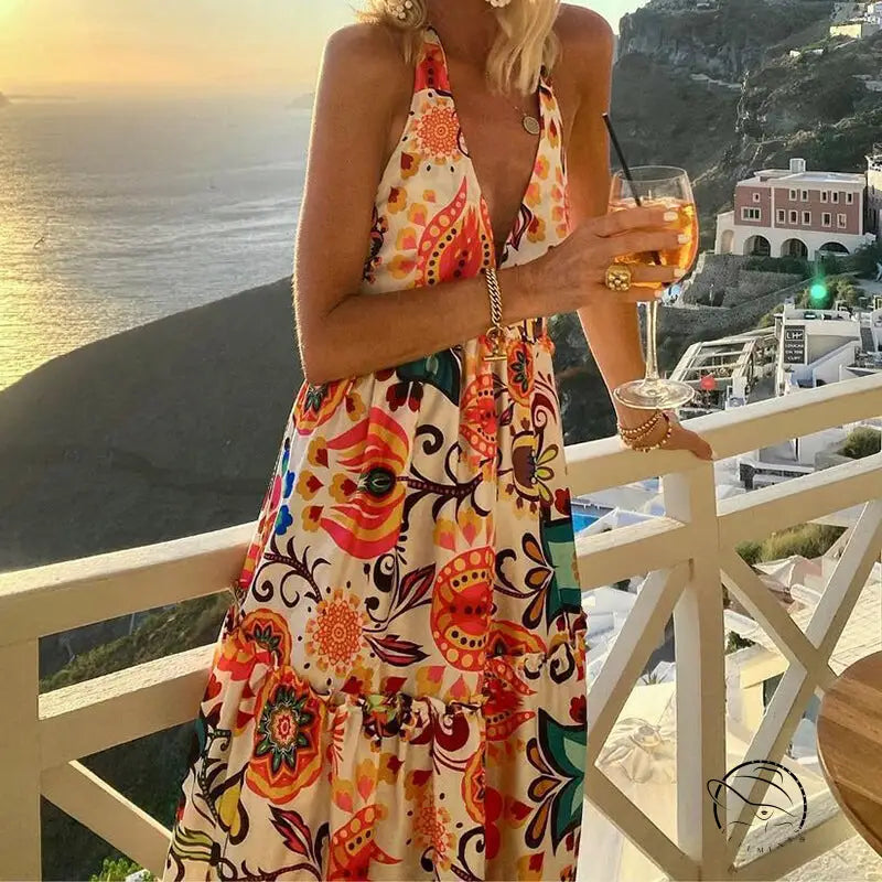Summer halter backless holiday dress with floral paisley print
