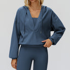 Langry loose comfortable exercise coat: blue hoodie with drawstring and pockets