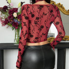 Red floral mesh crop top with black roses in Langry fashion ملابس