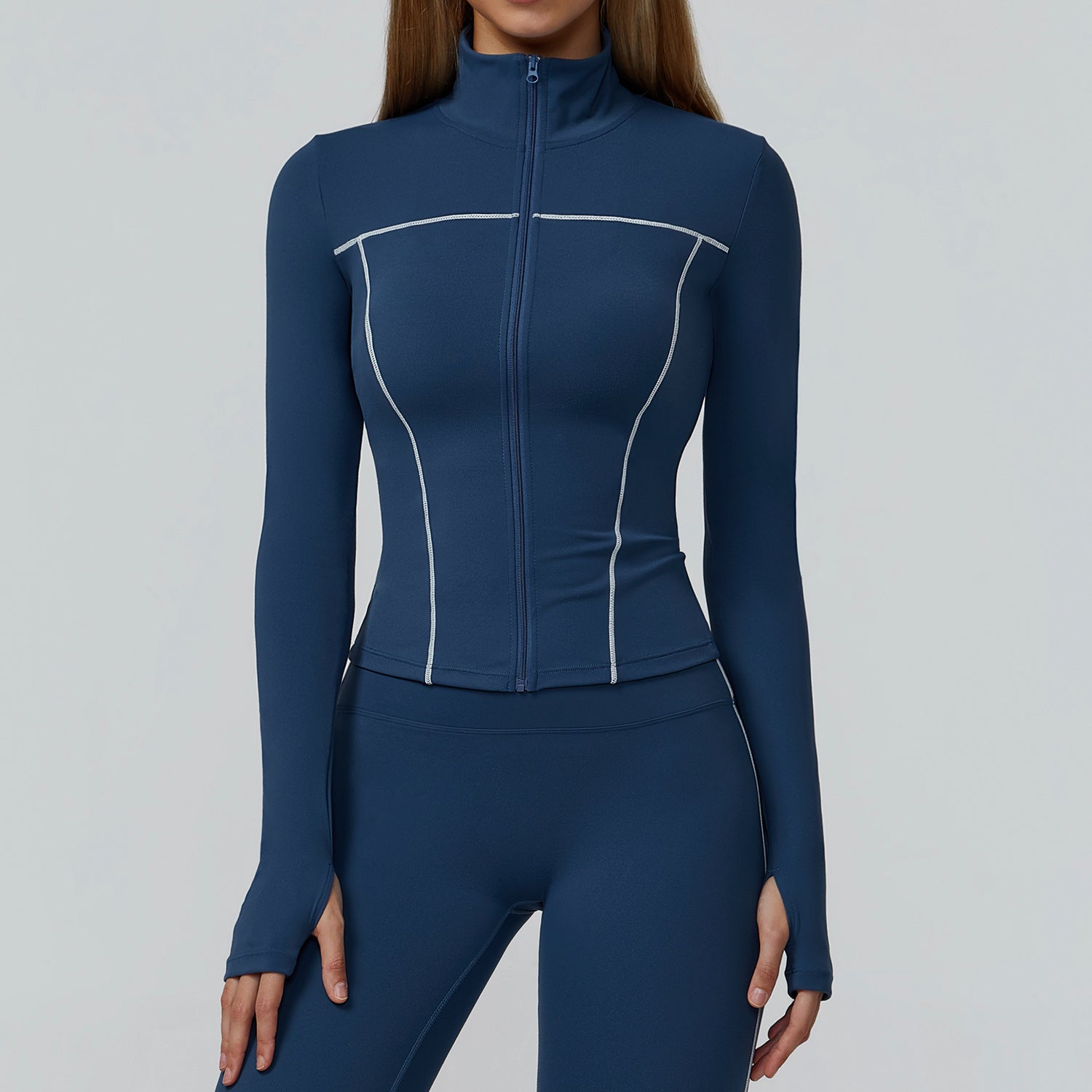 Langry warm zipper windproof slim jacket in blue with white fashion accents