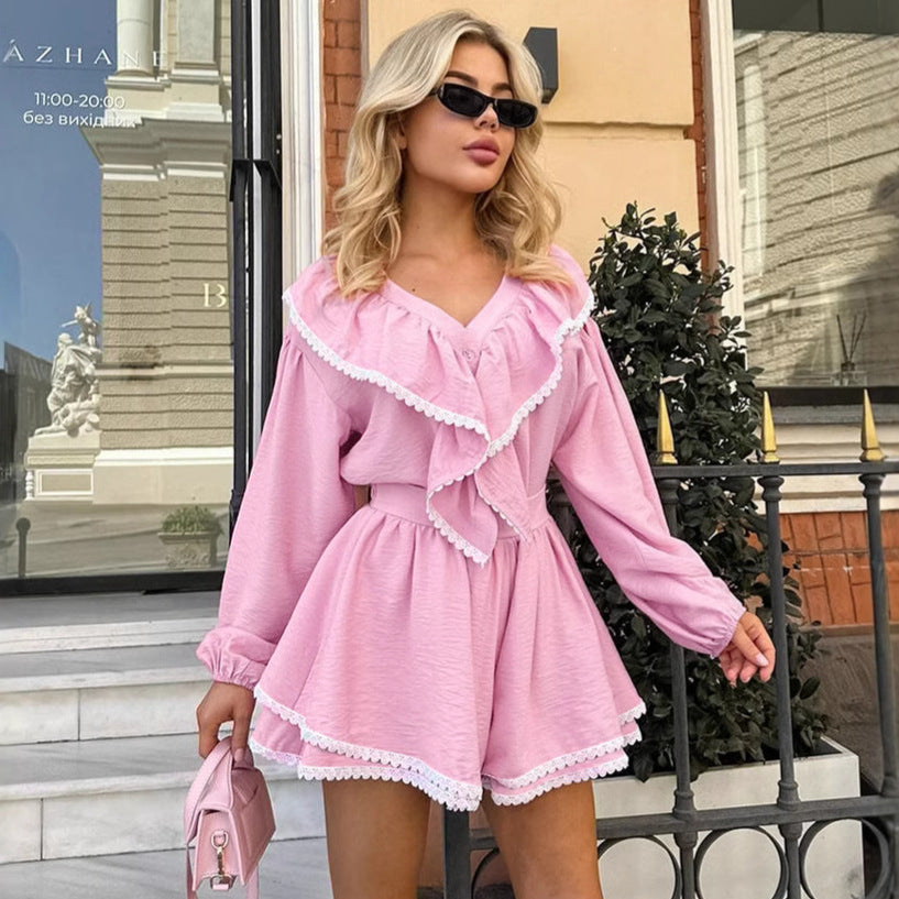Pink ruffled romper from French Loose Shirt Shorts Two Piece Sets collection