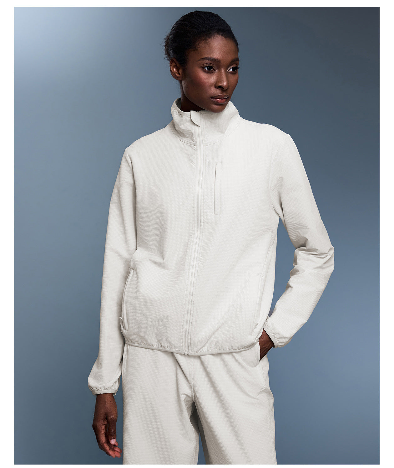 Langry white zip-up waterproof track jacket for outdoor fashion