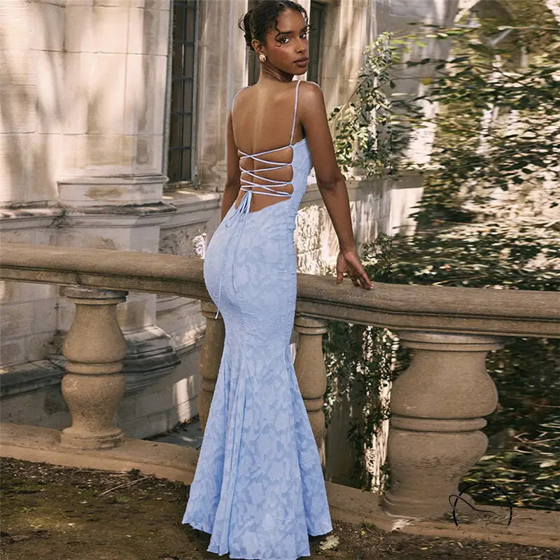 Light blue lace mermaid French elegant slim strap dress