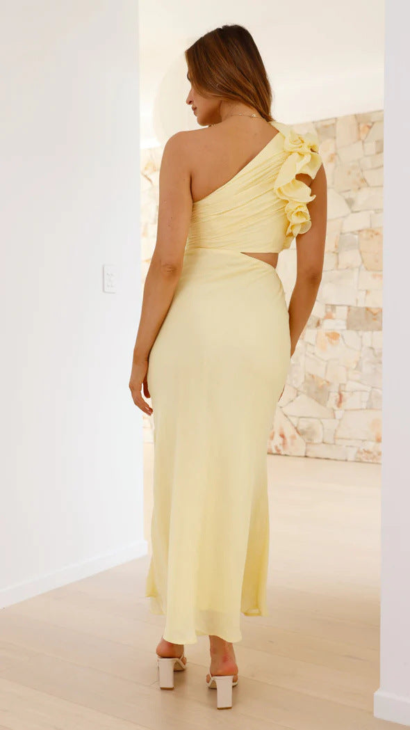Yellow one-shoulder Enchanting Slim Fit Dress, a stylish choice in ملابس fashion