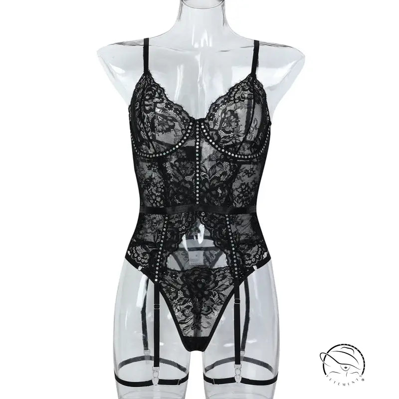 Black lace eyelash hot underwear suit with garter straps and rhinestones