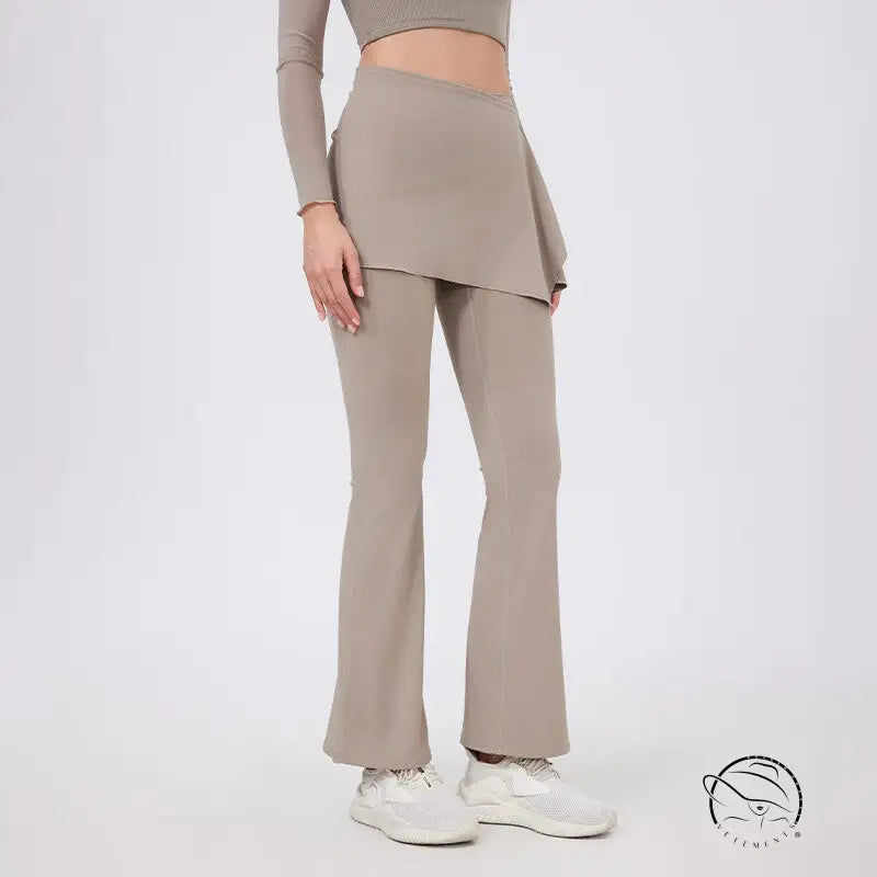 Taupe high-waisted flared yoga pants with peplum hem, hip lifting nude feel